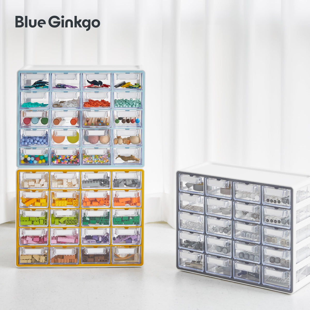 Blue Ginkgo Korean-made gray cabinet complements craft rooms and studios.