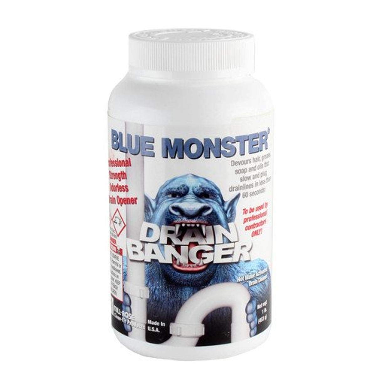 Blue Monster Drain Banger bottle pour—fast-acting relief for clogged hair and grease