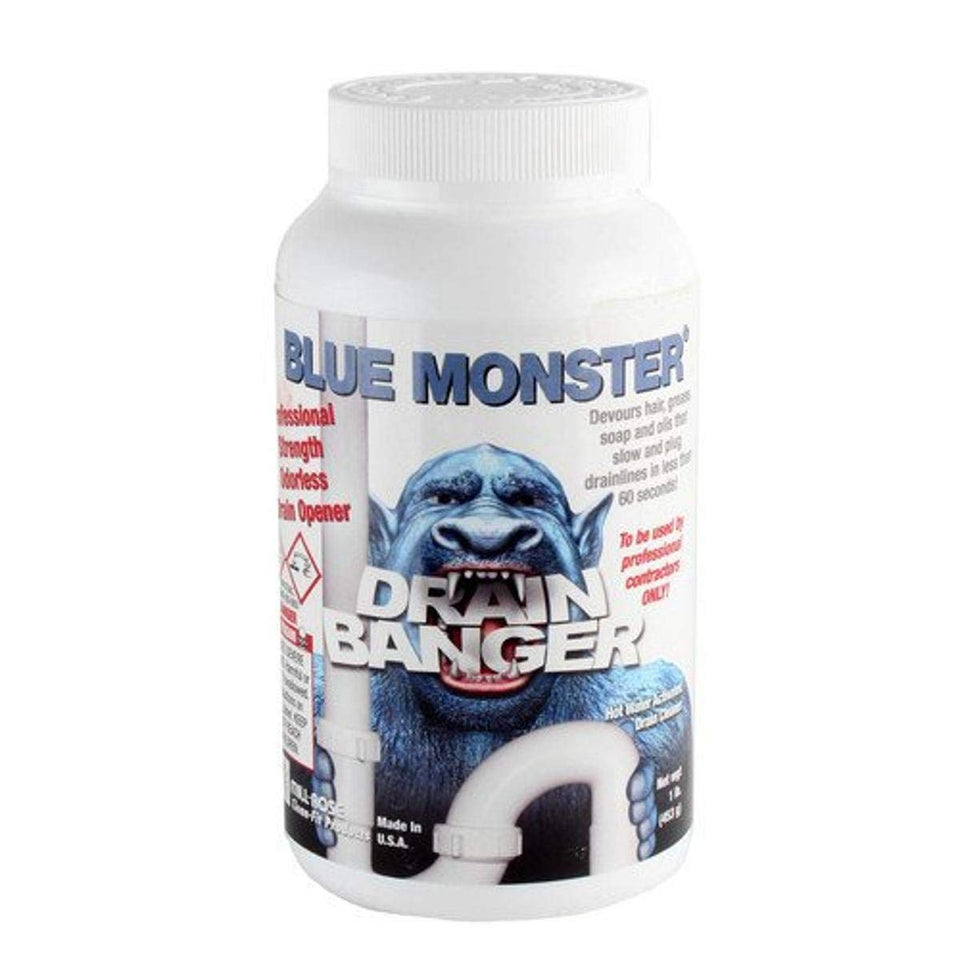 Blue Monster Drain Banger bottle pour—fast-acting relief for clogged hair and grease
