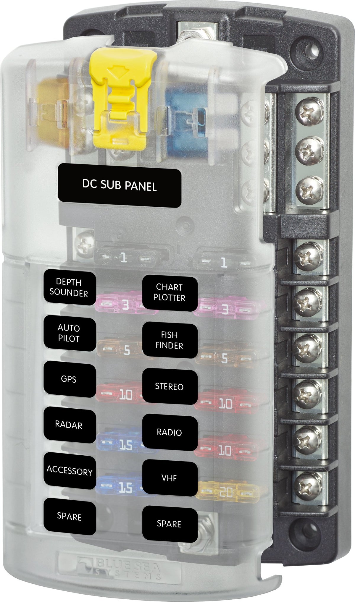 Blue Sea Systems 5026 ST blade fuse block clear cover protecting terminals