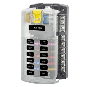 Blue Sea Systems 5026 ST blade fuse block front view with twelve circuits and ground