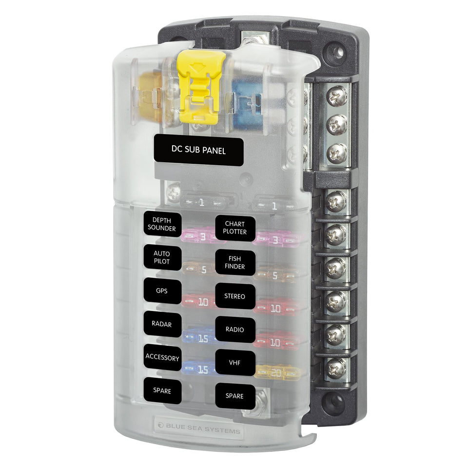 Blue Sea Systems 5026 ST blade fuse block front view with twelve circuits and ground