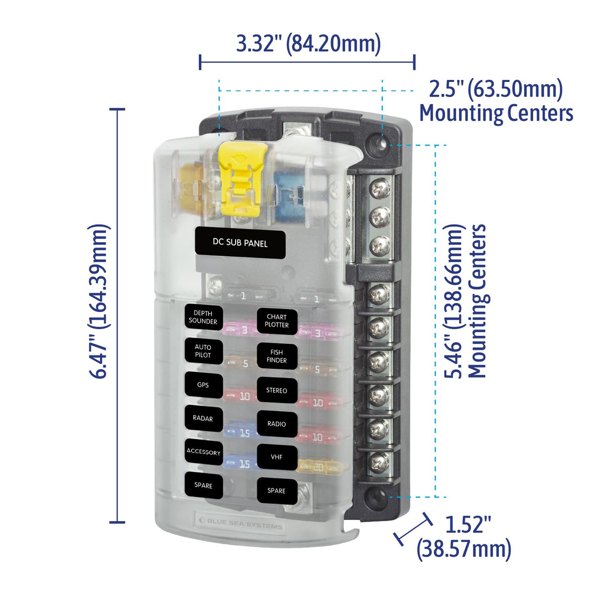 Blue Sea Systems 5026 ST blade fuse block recessed labeling areas for quick circuit ID