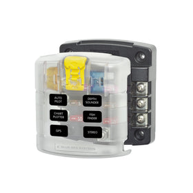 Blue Sea Systems 5028 fuse block front view showing six circuits for organized power