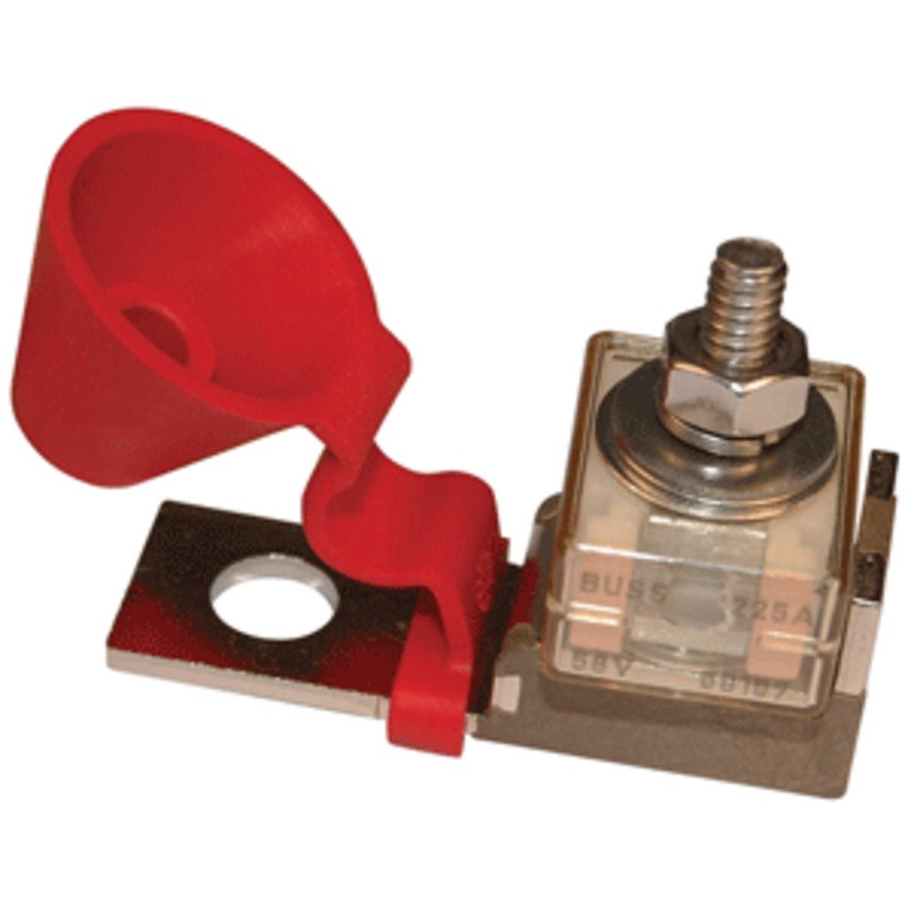 Blue Sea Systems 5191 on a battery post demonstrates compact, high-amp protection.