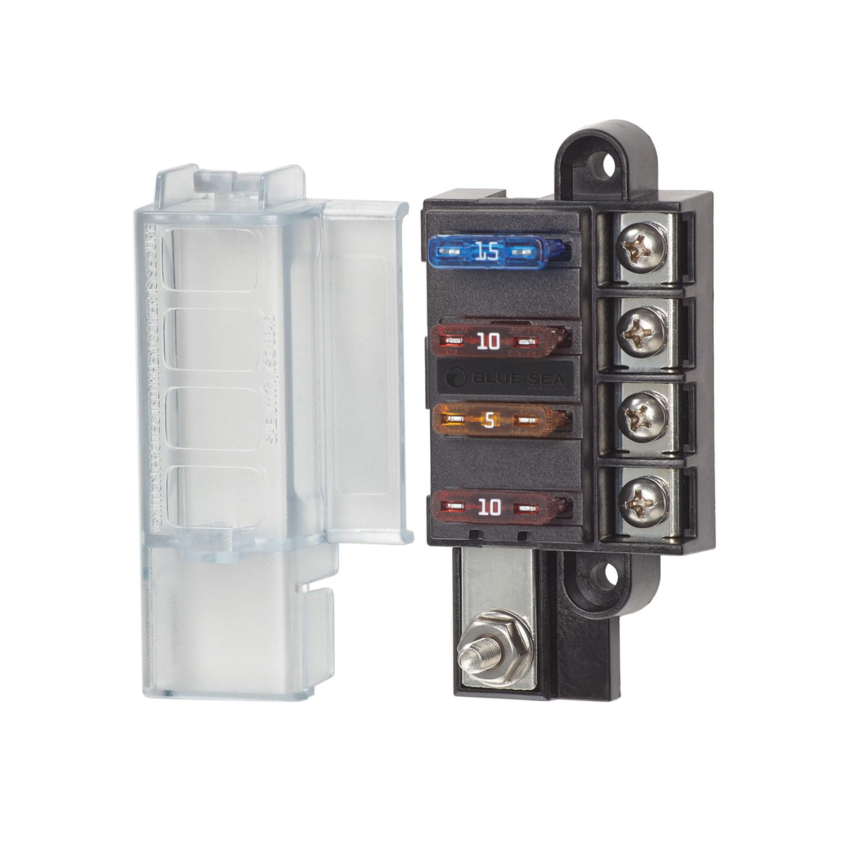 Blue Sea Systems ST Blade Fuse Block front view showing compact four‑circuit layout for easy power management.
