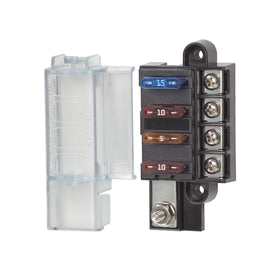 Blue Sea Systems ST Blade Fuse Block front view showing compact four‑circuit layout for easy power management.