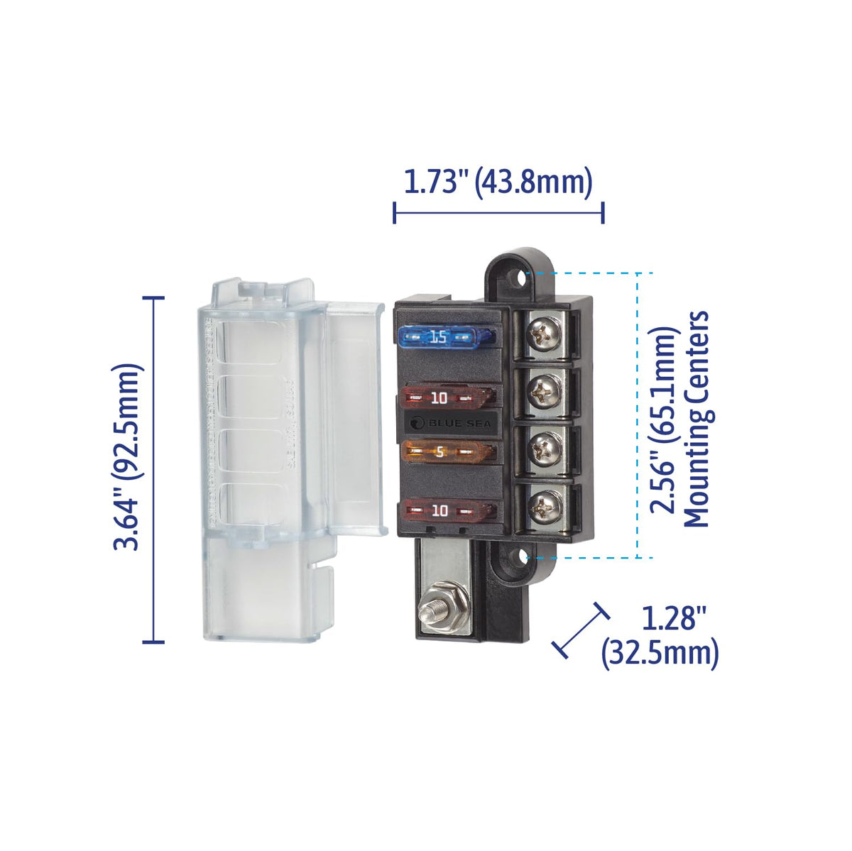 Blue Sea Systems ST blade fuse block installed in a dashboard for accessible power control.