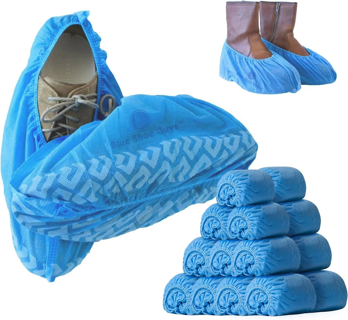 Blue Shoe Guys disposable boot covers in large size on foot for easy protection