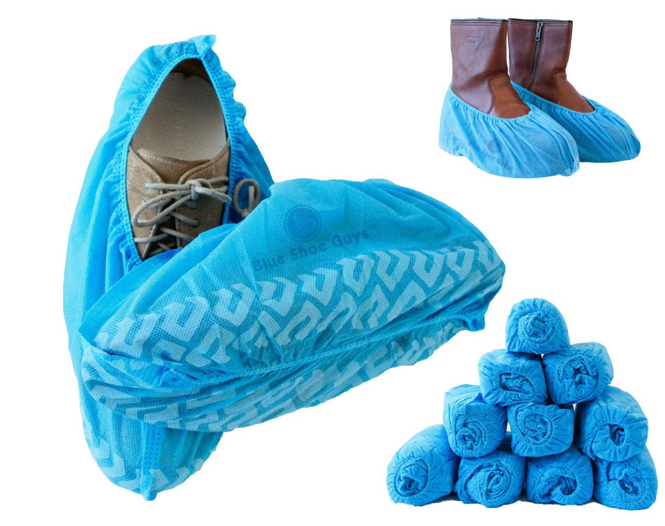 Blue Shoe Guys disposable boot covers in large size fit most shoes for quick, reliable protection.