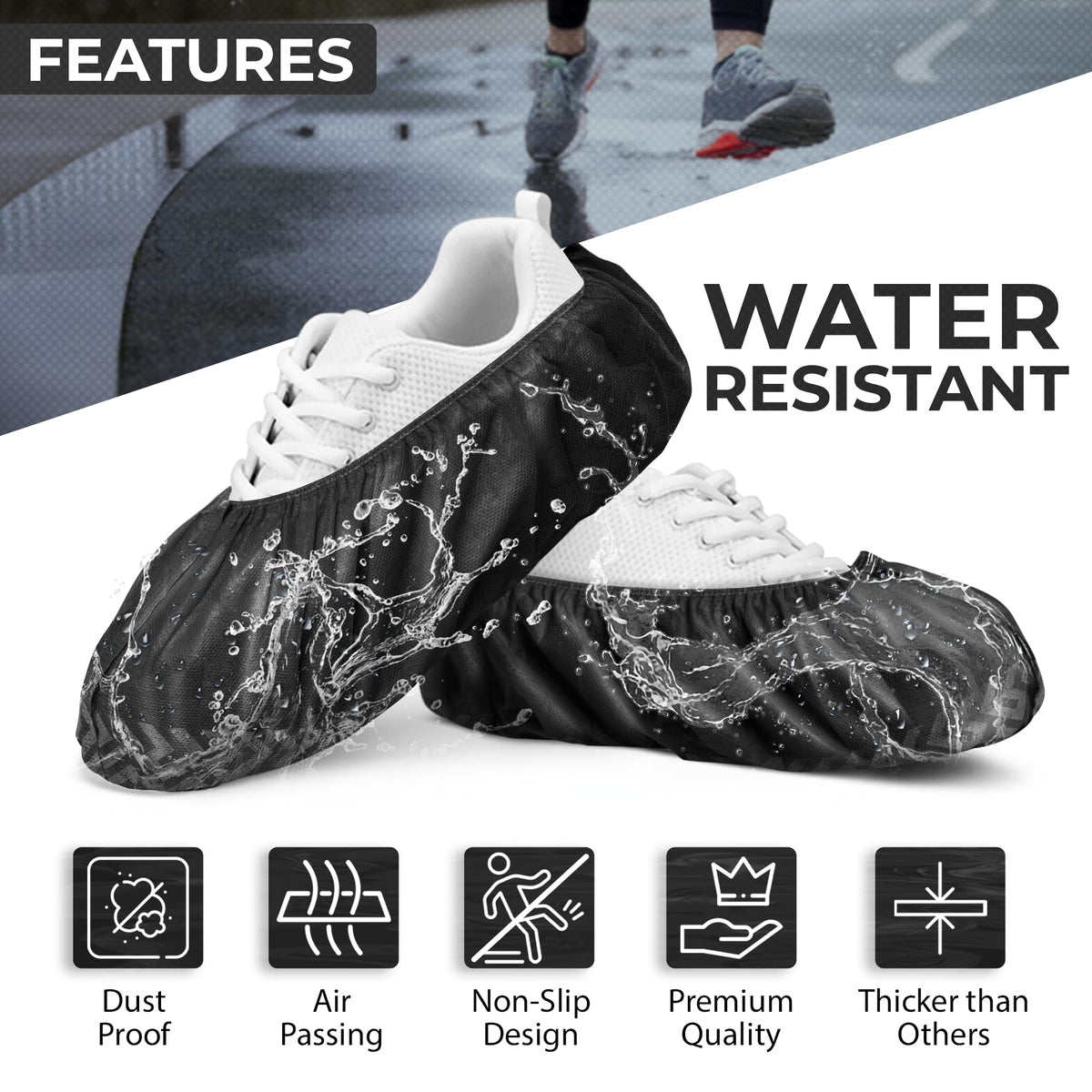 Model wearing Blue Shoe Guys disposable booties for protection