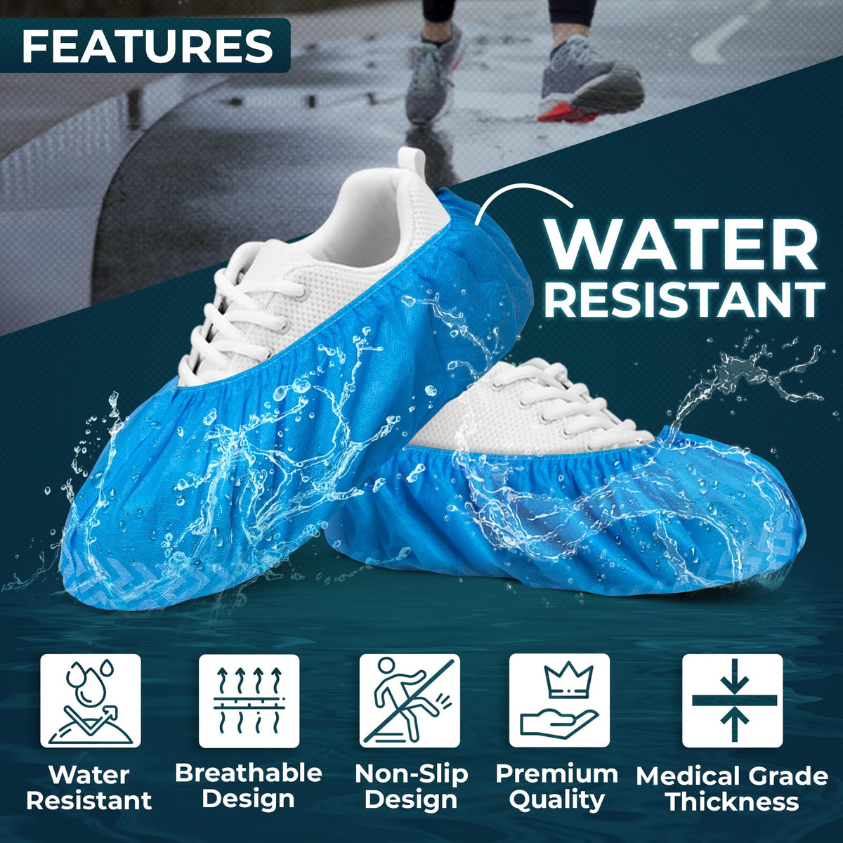 Blue Shoe Guys booties with non-slip sole provide grip on wet floors.