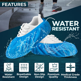 Blue Shoe Guys booties with non-slip sole provide grip on wet floors.