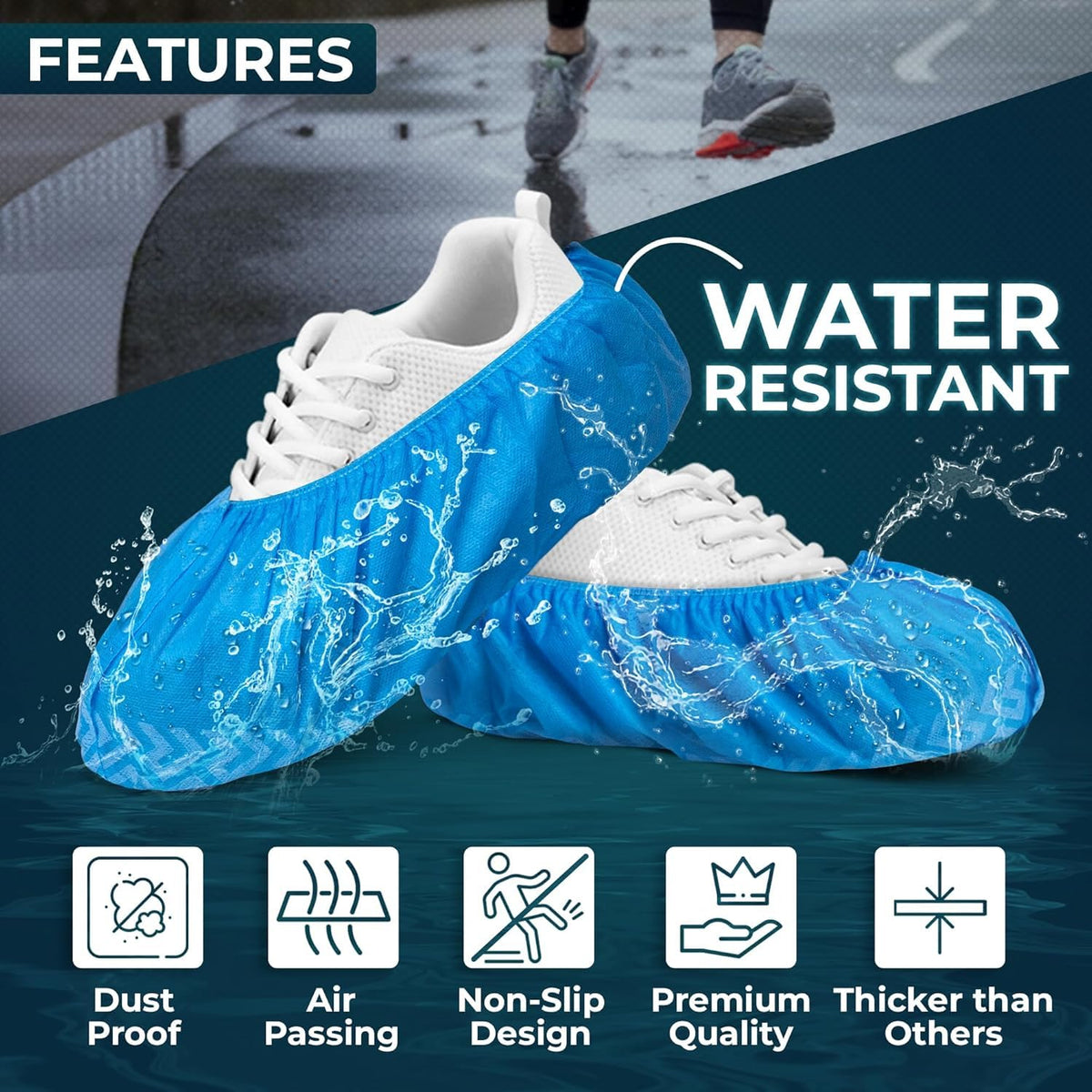 Blue Shoe Guys boot covers show non-slip sole for safer wet floors