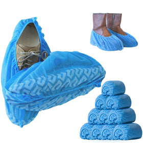 Blue Shoe Guys premium disposable boot covers protect floors in a 50-pack setup