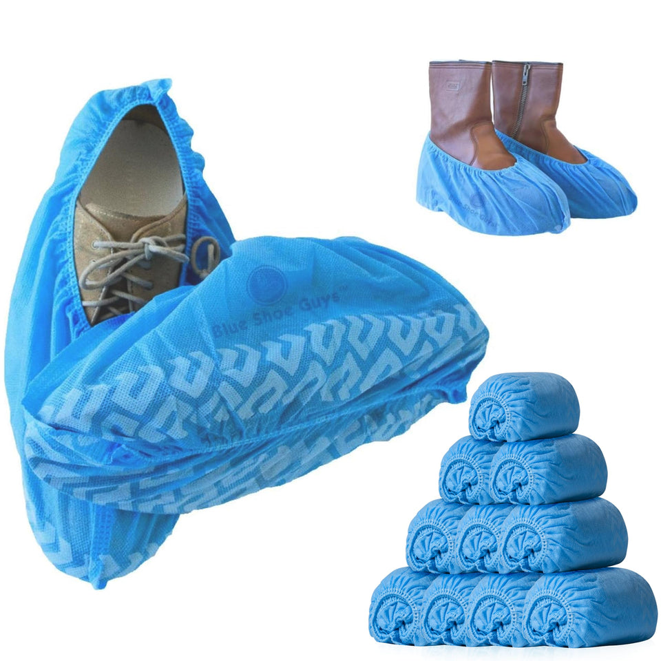 Blue Shoe Guys premium disposable boot covers protect floors in a 50-pack setup