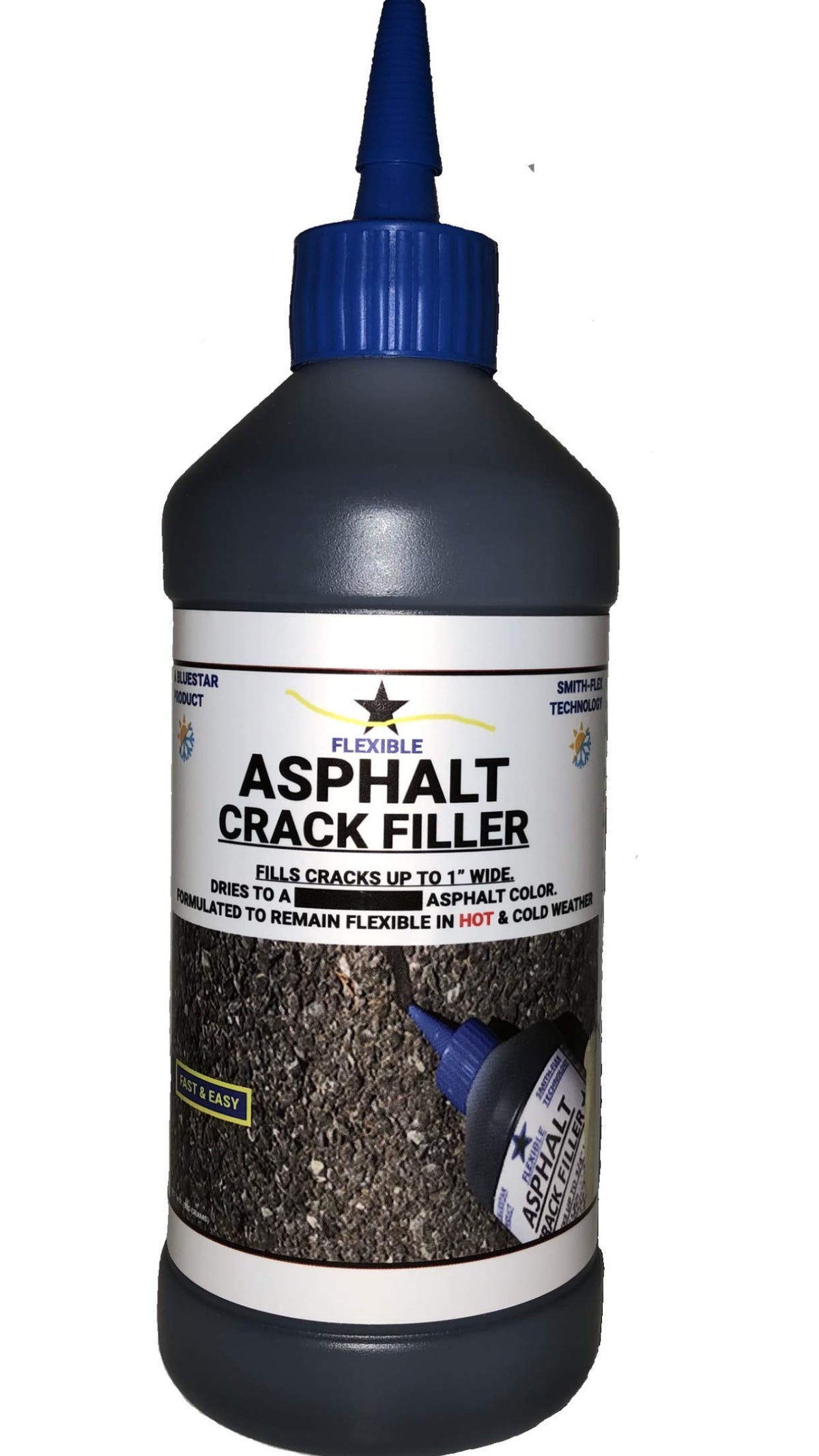 Blue Star flexible asphalt crack filler bottle close-up shows ready-to-use consistency for DIY repairs