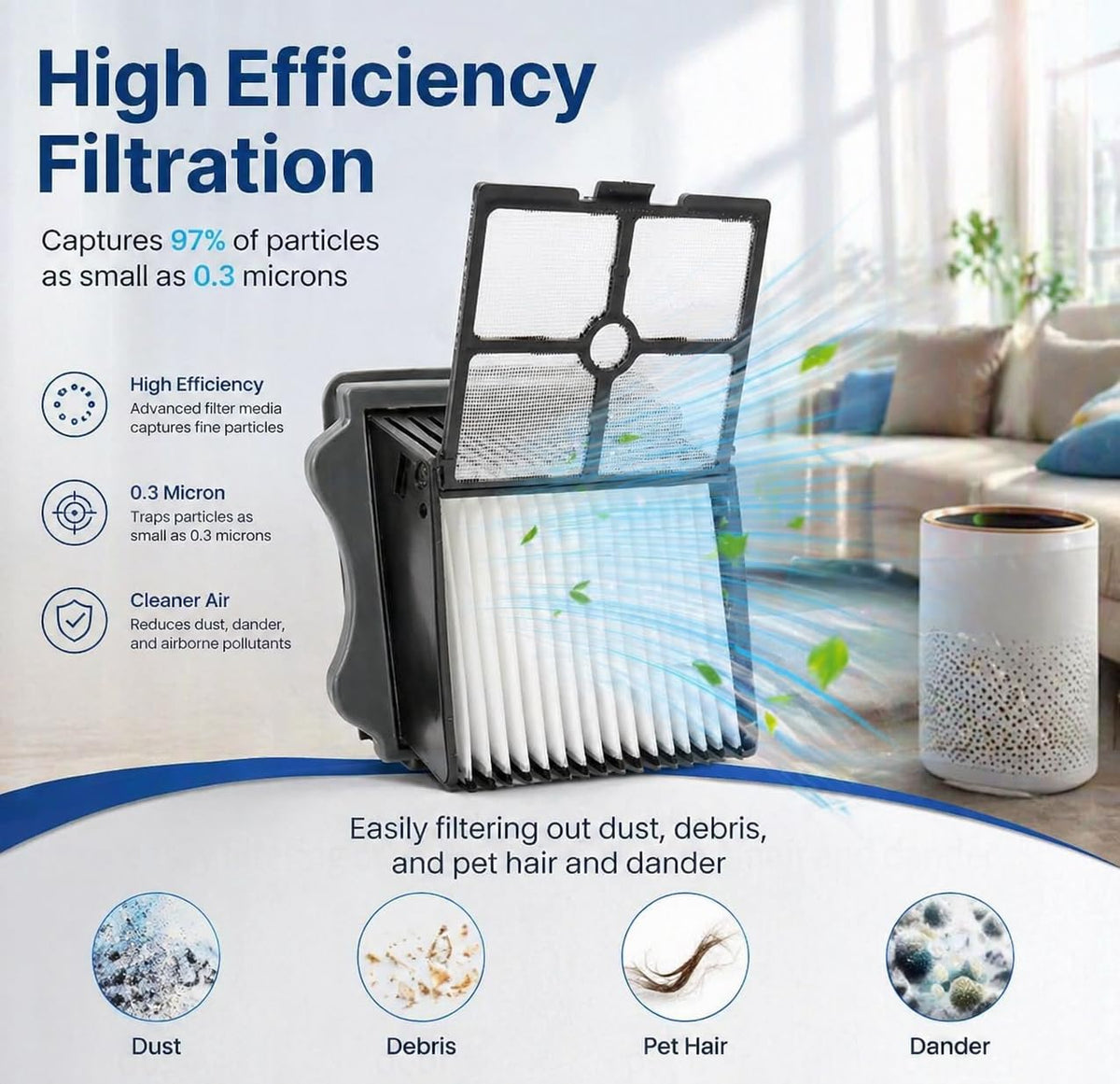 Bluearks HEPA filter pack offers easy, tool-free replacement for steady suction.