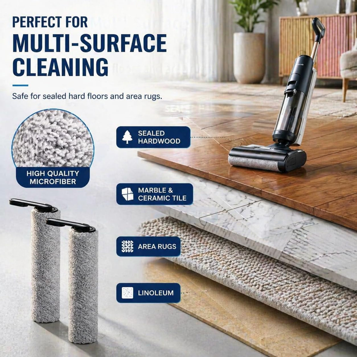 Bluearks replacement roller-pack includes two durable brushes for pet hair and debris.