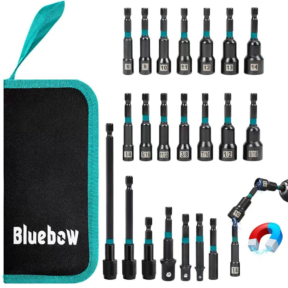Bluebow 21-piece magnetic nut driver set in case, organized for quick access
