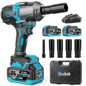 Bluebow cordless impact wrench charging setup with two 4000mAh batteries for a full day of work.