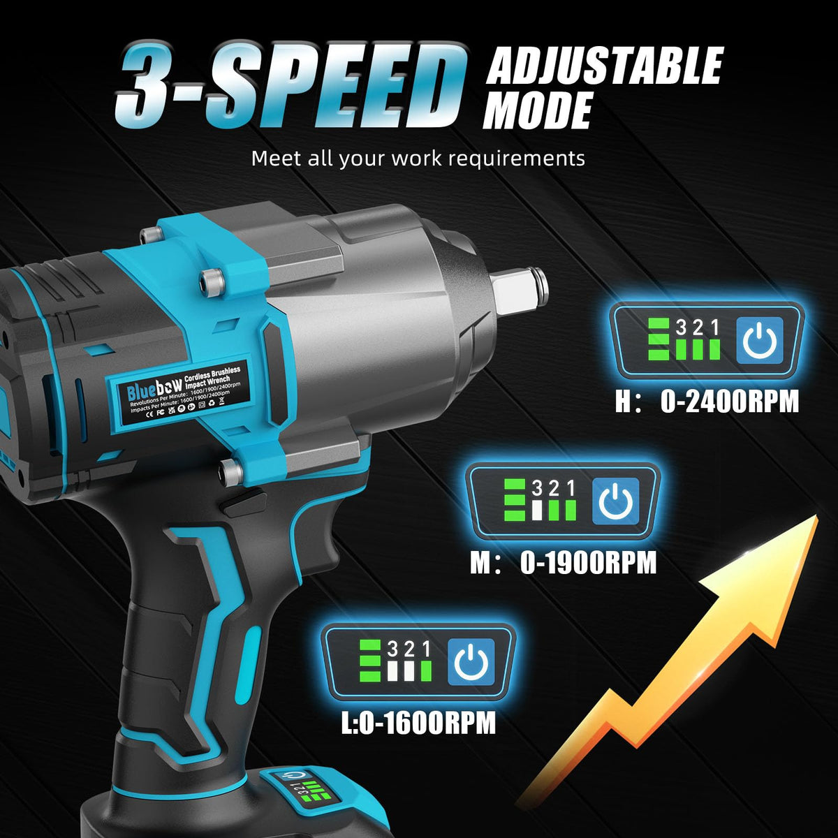 Bluebow cordless impact wrench with LED light brightening engine bays for precise tightening.