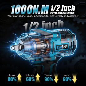 Bluebow cordless impact wrench in three-speed mode for versatile torque control.