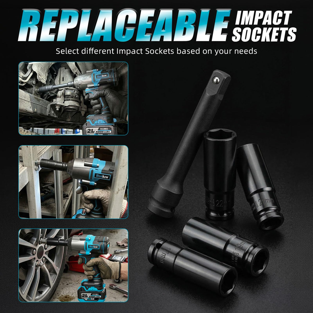 Bluebow cordless impact wrench powered by two 4000mAh batteries for long sessions on site.