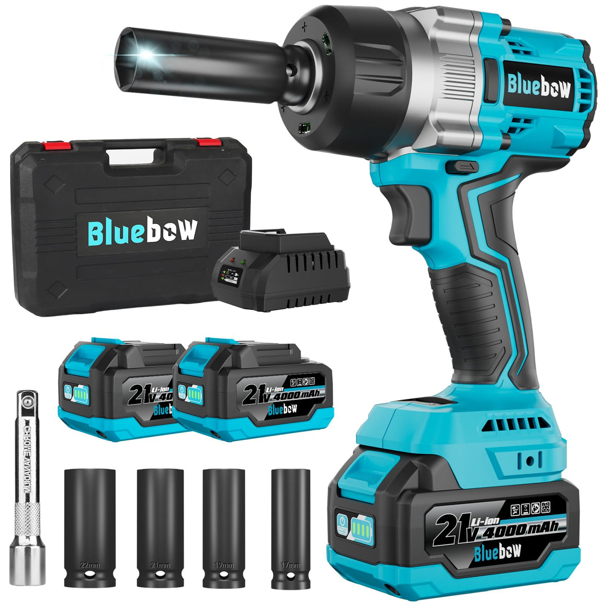 Bluebow half-inch cordless impact wrench showing high torque for lug nut removal