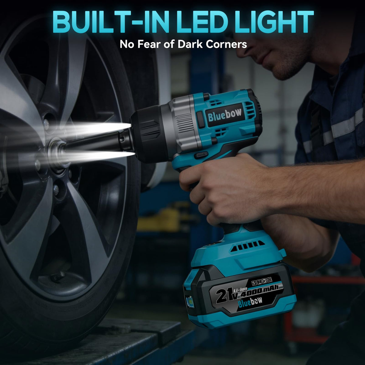 Bluebow LED work light illuminating dark spaces during tire work