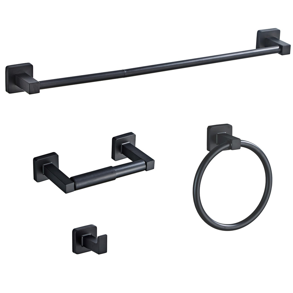 Bluebyrne matte black towel bar enhances towel storage and bathroom appeal.