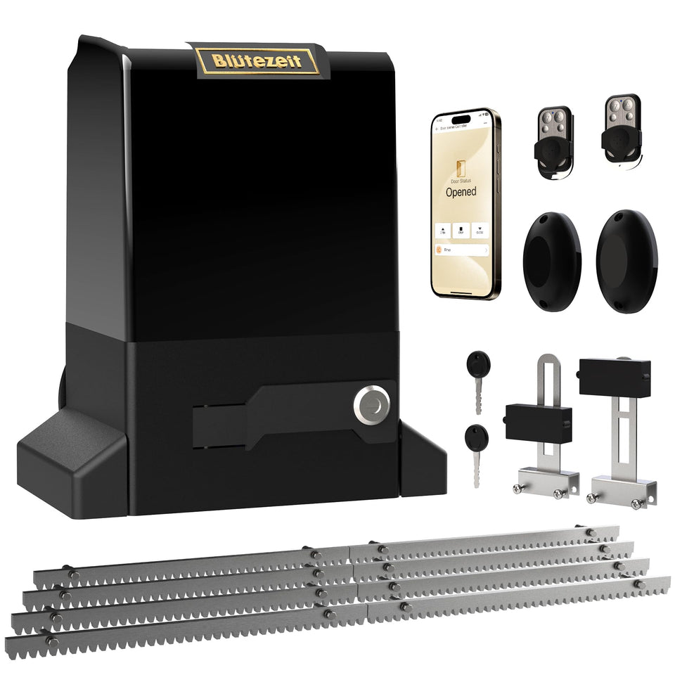 Blütezeit 1800lb gate opener front view showing powerful copper motor for reliable operation.