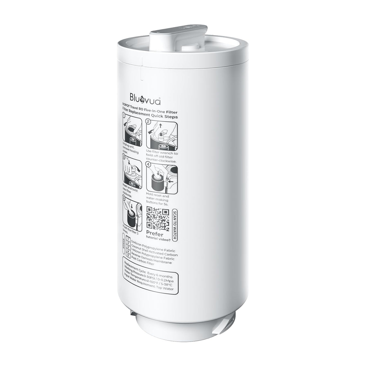 Bluevua 5-in-1 RO filter for ROPOT-Travel front view delivers cleaner water.