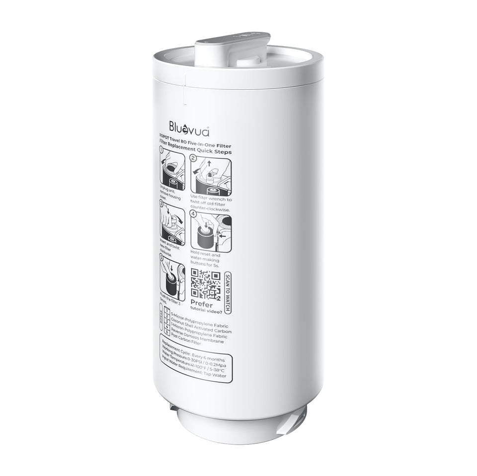 Bluevua 5-in-1 RO filter for ROPOT-Travel front view delivers cleaner water.