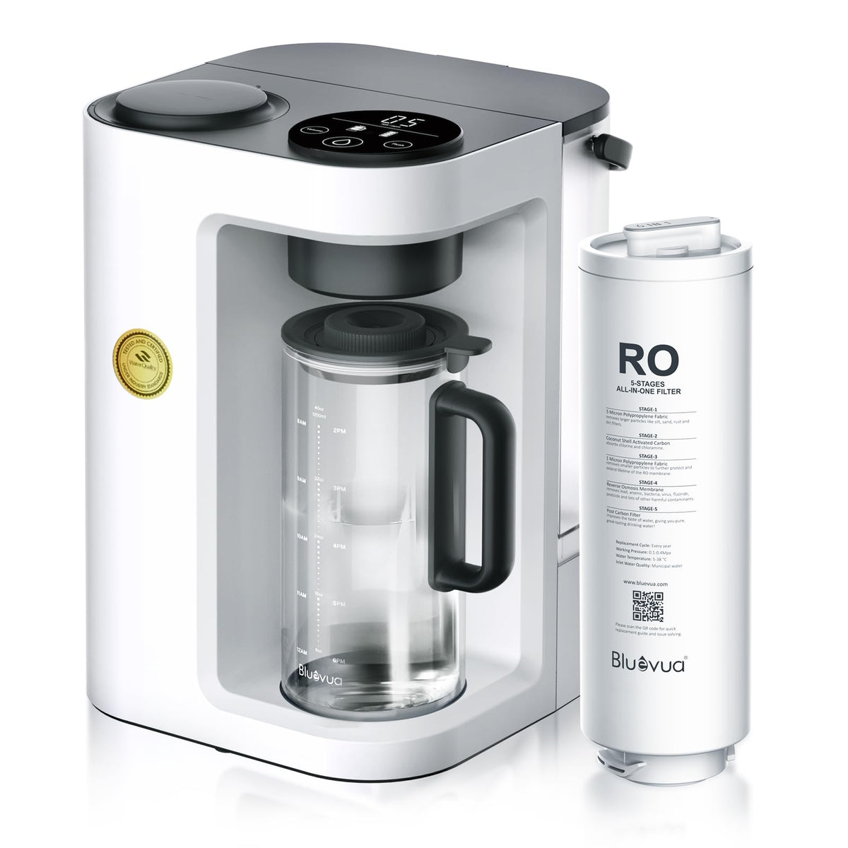 Bluevua RO100ROPOT-Lite countertop carafe demonstrating pure water on demand