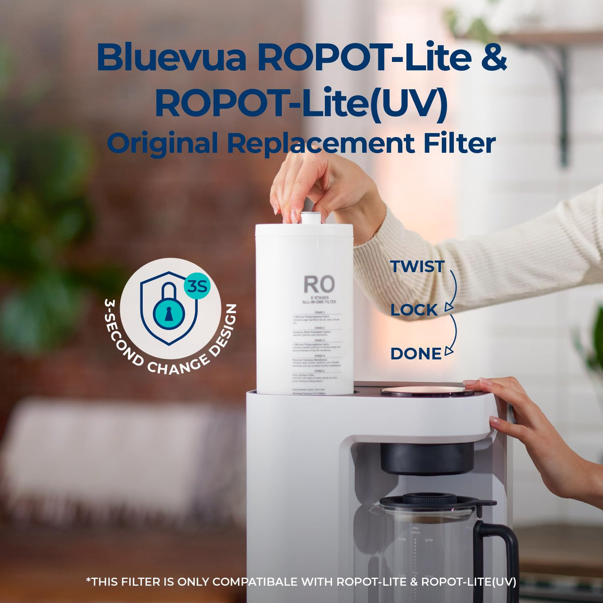 Bluevua replacement filter cartridge for ongoing countertop filtration.