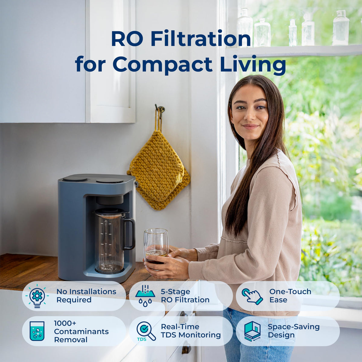 Bluevua RO100ROPOT-Lite glass carafe highlights safer, pure tasting water