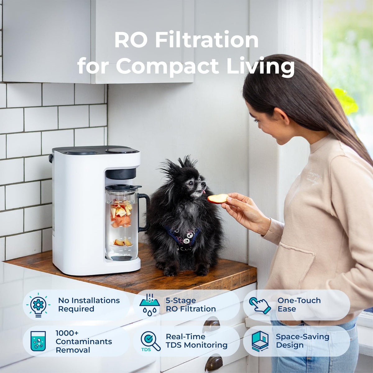 Bluevua RO100ROPOT-Lite smart display showing filter life and water quality