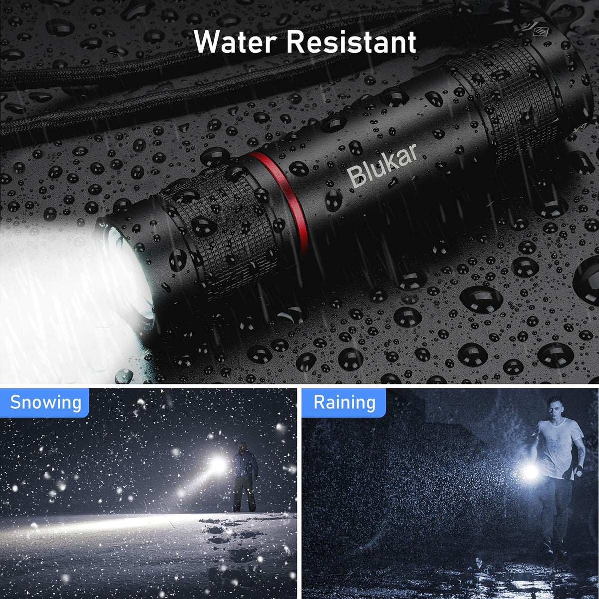 Bright, uniform Blukar flashlight beam covers far distances and nearby areas.