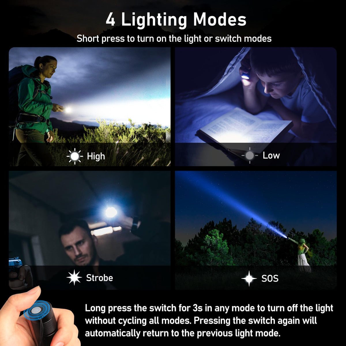 Durable aluminum shell protects Blukar flashlight during camping and hiking.