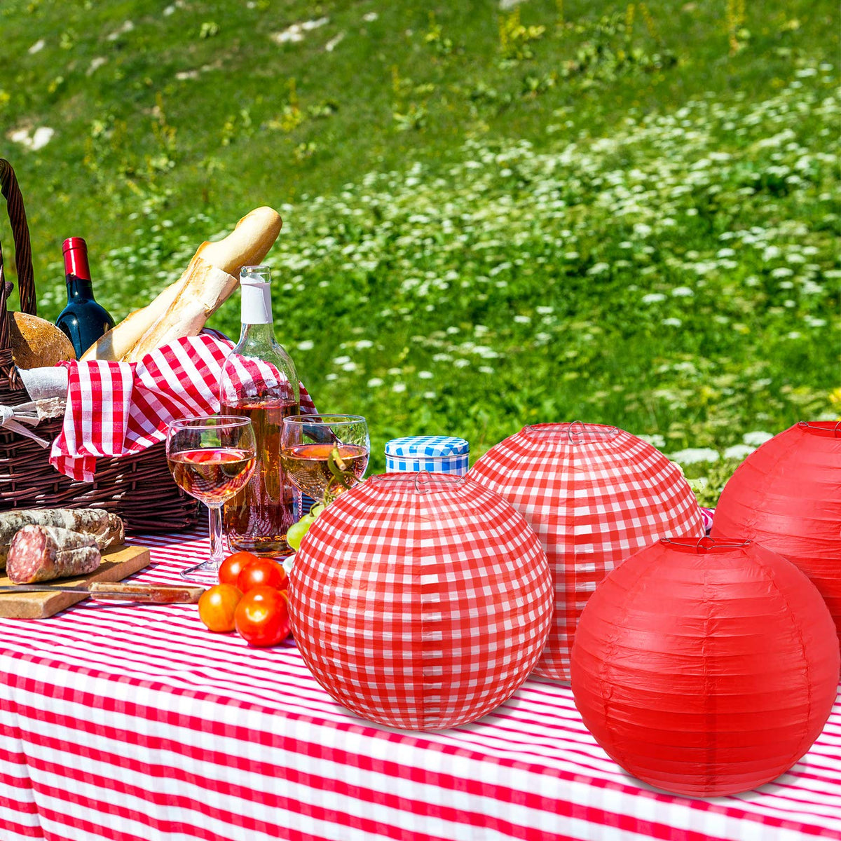 Blulu red gingham round lanterns arranged for a coordinated picnic scene