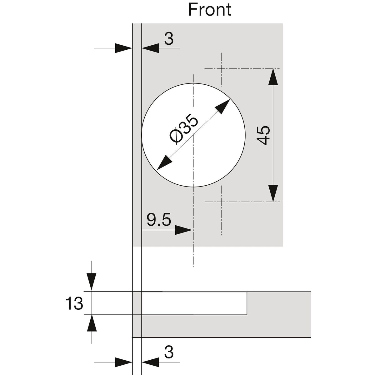 Blum 110° hinge installed on cabinet door for smooth, self-closing operation.