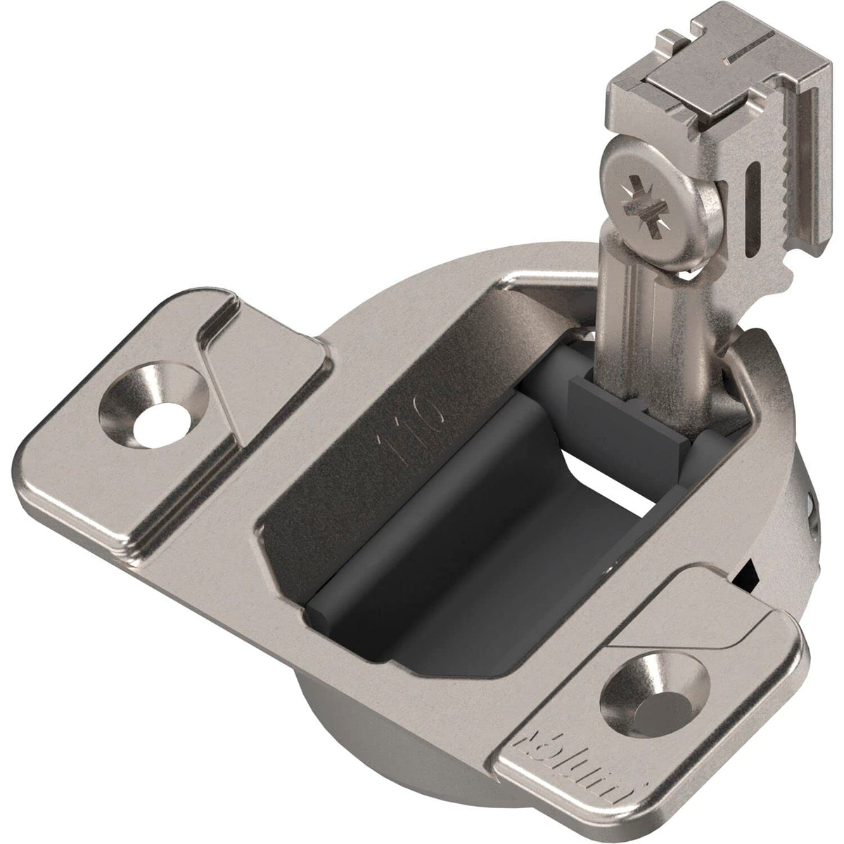 Blum 110° self-closing compact 33 hinge, side view showing concealed hardware for faceframe cabinets.