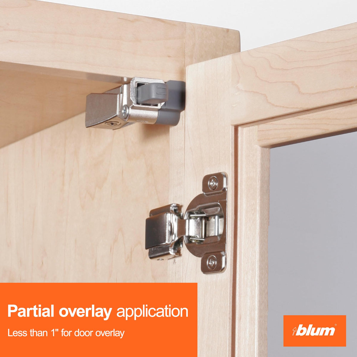 Blum BLUMOTION spacer shown with hinge-ready setup supporting partial overlays.