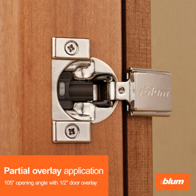 Blum Compact Blumotion hinge half-inch overlay for precise face-frame doors alignment.