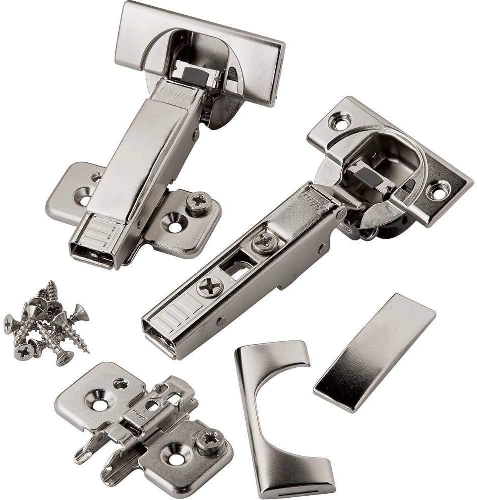 Blum full overlay 110° soft-close hinge close-up on frameless cabinet door for smooth action