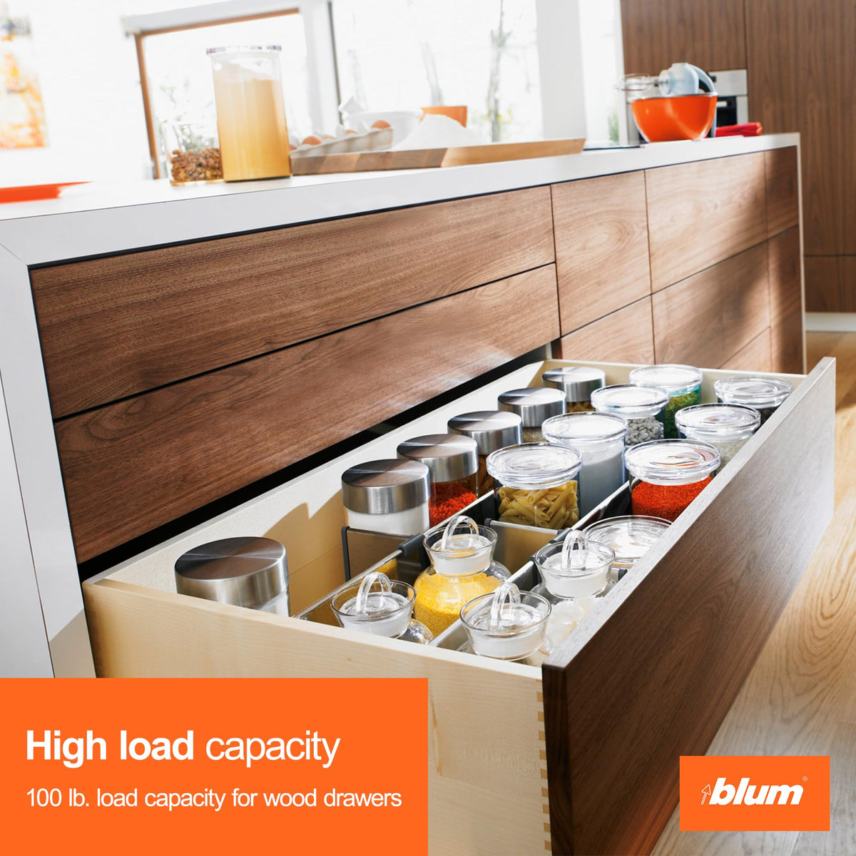 Blum Tandem Plus 18 inch full-extension slides in action for easy access.