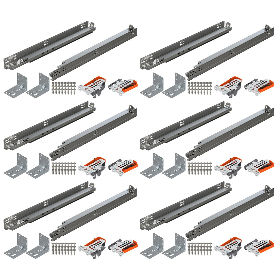 Blum Tandem Plus kit contents shown for quick, organized installation.