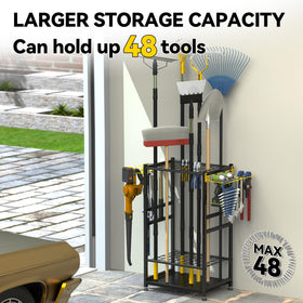 BlumeTrec 48-slot rack shown storing long-handled tools in a garage.