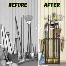 BlumeTrec garden tool organizer shown in sheds for tidy storage.